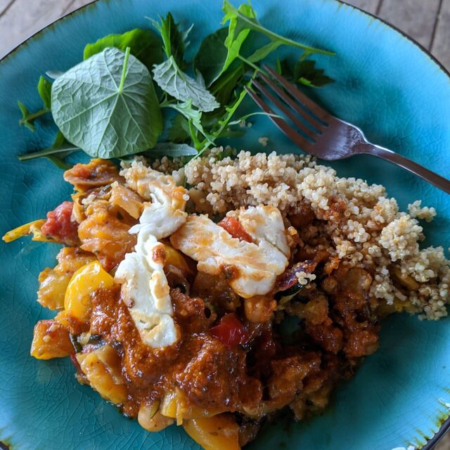 A photograph of a vegan stew with green salad on a turquoise plate