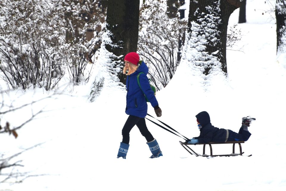 A photograph of a lady pulling a boy on a sledge